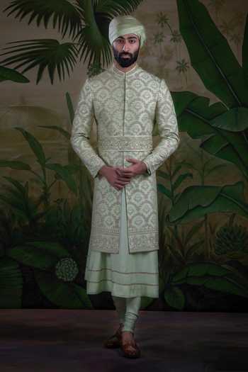 Shop_Punit Arora_Green Silk Thread Embroidered Sherwani Set _at_Aza_Fashions