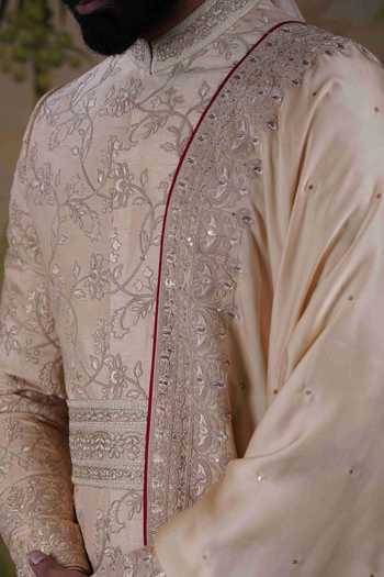 Buy_Punit Arora_Gold Silk Floral Embroidered Sherwani Set _Online_at_Aza_Fashions