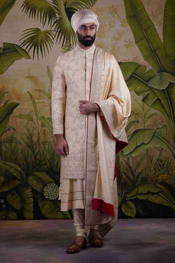 Buy_Punit Arora_Gold Silk Floral Embroidered Sherwani Set _at_Aza_Fashions