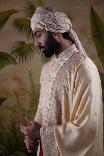 Shop_Punit Arora_Gold Silk Floral Embroidered Sherwani Set _Online_at_Aza_Fashions