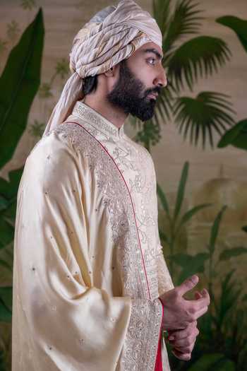 Punit Arora_Gold Silk Floral Embroidered Sherwani Set _at_Aza_Fashions