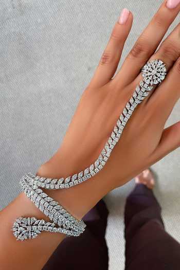 Buy_PRERTO_Silver Plated North South Faux Diamond Studded Hand Harness _at_Aza_Fashions