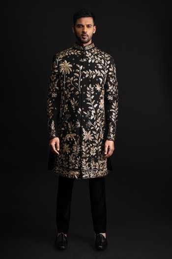 Buy_Sven Suits_Black Polyester Floral Embroidered Sherwani Set _at_Aza_Fashions