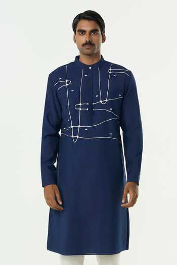 Buy_Line Out Line_Navy Chanderi Embroidered Pixel Wrap Kurta _at_Aza_Fashions