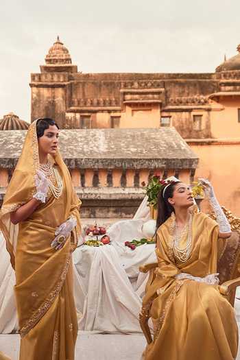 Geroo Jaipur_Gold Tissue, Brocade, Cotton Embroidery, Zari Zardozi Embellished Saree Set _at_Aza_Fashions