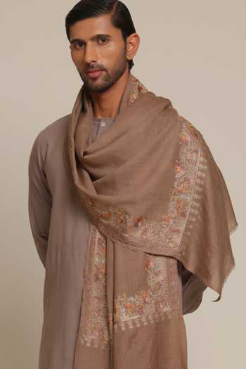 Shop_SHAZA_Brown Forest Artwork Wool Stole _at_Aza_Fashions