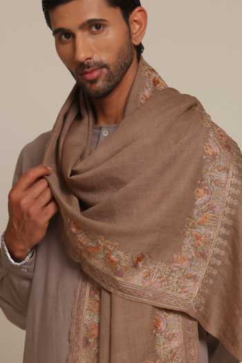 SHAZA_Brown Forest Artwork Wool Stole _Online_at_Aza_Fashions