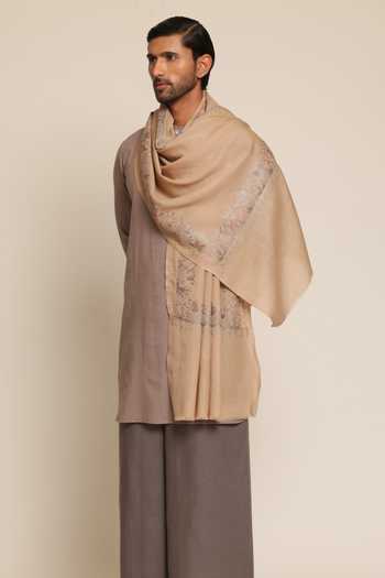 Buy_SHAZA_Beige Embroidered Forest Artwork Stole _at_Aza_Fashions