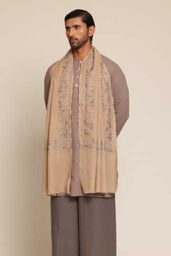 Shop_SHAZA_Beige Embroidered Forest Artwork Stole _at_Aza_Fashions