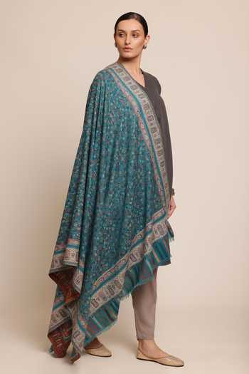 Shop_SHAZA_Teal Antique Wool Floral Ornate Kani Shawl _at_Aza_Fashions