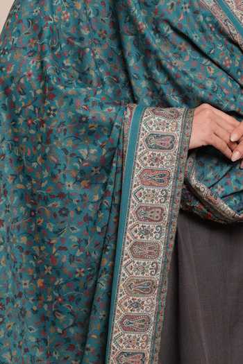 SHAZA_Teal Antique Wool Floral Ornate Kani Shawl _Online_at_Aza_Fashions