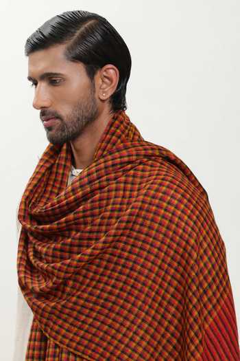 Shop_SHAZA_Red Pashmina Palla Check Heritage Shawl _at_Aza_Fashions