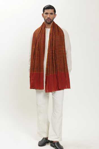 Buy_SHAZA_Red Pashmina Palla Check Heritage Shawl _at_Aza_Fashions