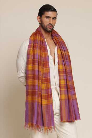 Buy_SHAZA_Yellow Pashmina Check Heritage Stole _at_Aza_Fashions