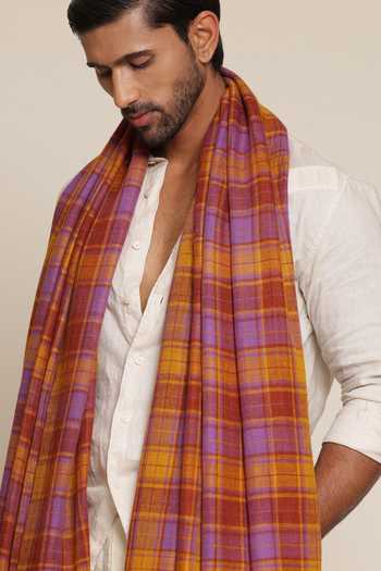 Shop_SHAZA_Yellow Pashmina Check Heritage Stole _at_Aza_Fashions