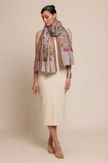 Buy_SHAZA_Multi Color Floral Print And Embroidered Silk Stole _at_Aza_Fashions