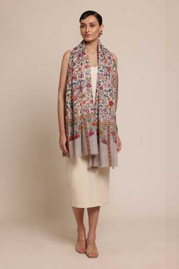 Shop_SHAZA_Multi Color Floral Print And Embroidered Silk Stole _at_Aza_Fashions