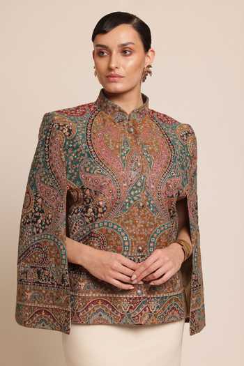 Buy_SHAZA_Multi Color Wool Mandarin Collar Floral Woven Cape Jacket _at_Aza_Fashions