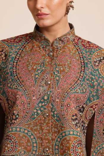 SHAZA_Multi Color Wool Mandarin Collar Floral Woven Cape Jacket _Online_at_Aza_Fashions