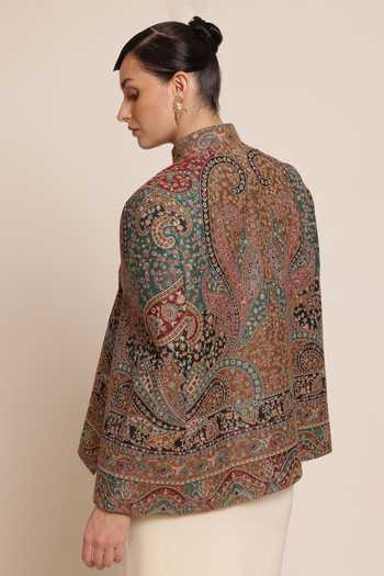 Shop_SHAZA_Multi Color Wool Mandarin Collar Floral Woven Cape Jacket _at_Aza_Fashions