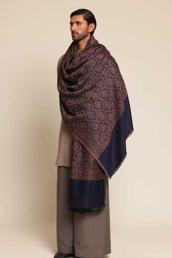 Shop_SHAZA_Blue Kani Jamawar Reversible Wool Stole _at_Aza_Fashions