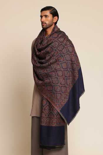 Buy_SHAZA_Blue Kani Jamawar Reversible Wool Stole _at_Aza_Fashions