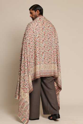 Shop_SHAZA_Ivory Floral Kani Jamawar Reversible Stole _at_Aza_Fashions