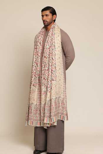 Buy_SHAZA_Ivory Floral Kani Jamawar Reversible Stole _at_Aza_Fashions