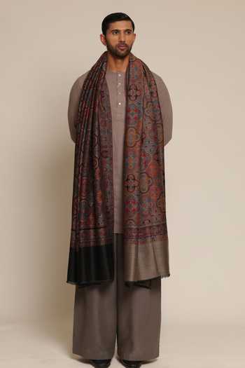 Buy_SHAZA_Black Floral Pattern Kani Jamawar Reversible Stole _at_Aza_Fashions