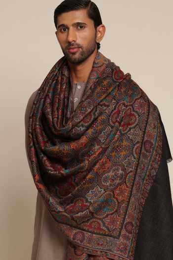 Shop_SHAZA_Black Floral Pattern Kani Jamawar Reversible Stole _at_Aza_Fashions