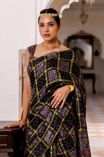 Shop_Geroo Jaipur_Black Modal, Silk Zari Ajrakh Checks Saree With Unstitched Blouse 
