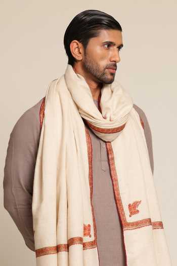 SHAZA_White Hand Embroidered Pashmina Hashidar Shawl _Online_at_Aza_Fashions