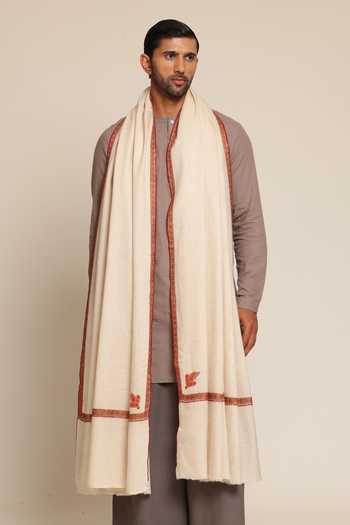 Shop_SHAZA_White Hand Embroidered Pashmina Hashidar Shawl _at_Aza_Fashions