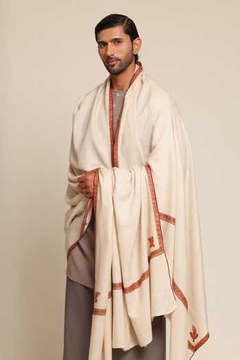 Buy_SHAZA_White Hand Embroidered Pashmina Hashidar Shawl _at_Aza_Fashions