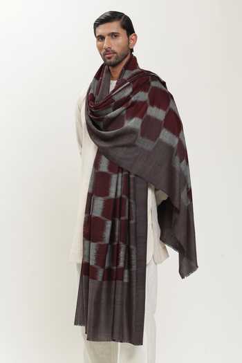 Shop_SHAZA_Maroon Checkered Ikat Weave Shawl _at_Aza_Fashions