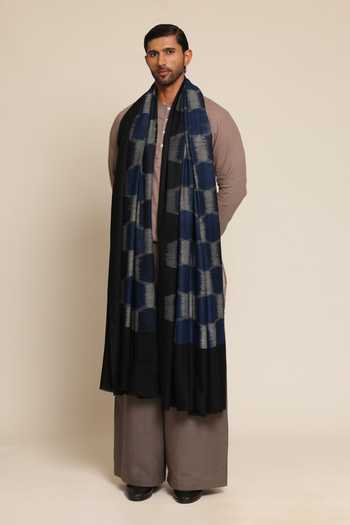 Shop_SHAZA_Blue Checkered Ikat Weave Handwoven Shawl _at_Aza_Fashions