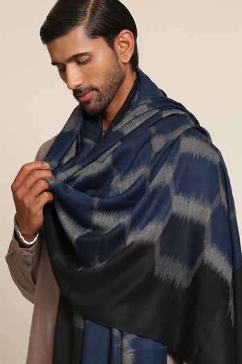 SHAZA_Blue Checkered Ikat Weave Handwoven Shawl _Online_at_Aza_Fashions