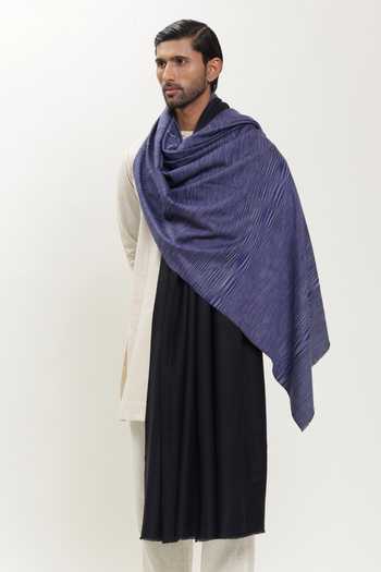 Buy_SHAZA_Blue Ikat Self Weave Color Block Shawl _at_Aza_Fashions