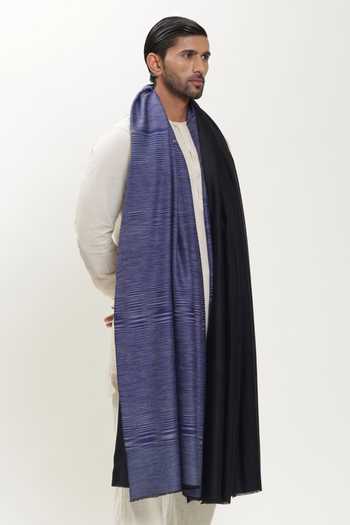 Shop_SHAZA_Blue Ikat Self Weave Color Block Shawl _at_Aza_Fashions