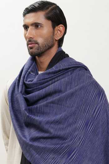SHAZA_Blue Ikat Self Weave Color Block Shawl _Online_at_Aza_Fashions