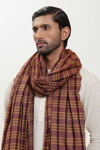 Shop_SHAZA_Maroon Checks Pashmina Shawl _at_Aza_Fashions