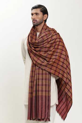 Buy_SHAZA_Maroon Checks Pashmina Shawl _at_Aza_Fashions