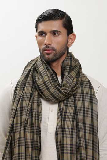 Shop_SHAZA_Green Handwoven Check Shawl _at_Aza_Fashions