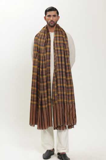 Shop_SHAZA_Yellow Checkered Pashmina Shawl _at_Aza_Fashions