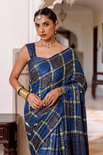 Shop_Geroo Jaipur_Blue Modal, Silk Zari Ajrakh Checks Saree With Unstitched Blouse Piece _at_Aza_Fashions