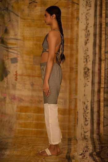 BANANA labs_Blue Cotton, Denim Asymmetric Hand Block Print Top And Pant Set _Online_at_Aza_Fashions