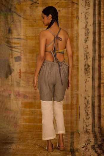 Shop_BANANA labs_Blue Cotton, Denim Asymmetric Hand Block Print Top And Pant Set _at_Aza_Fashions