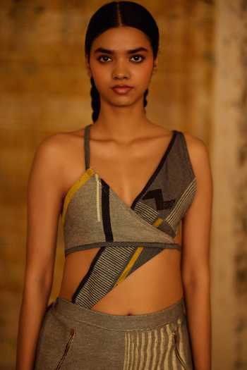 Buy_BANANA labs_Blue Cotton, Denim Asymmetric Hand Block Print Top And Pant Set _Online_at_Aza_Fashions