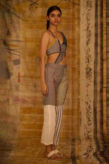 Shop_BANANA labs_Blue Cotton, Denim Asymmetric Hand Block Print Top And Pant Set _Online_at_Aza_Fashions