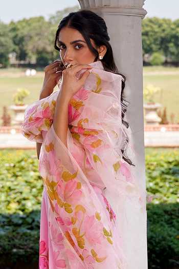 Shop_Geroo Jaipur_Pink Chiffon Embroidery, Sequins, Foil Hand Painted Mukaish Floral Lehenga Set _at_Aza_Fashions